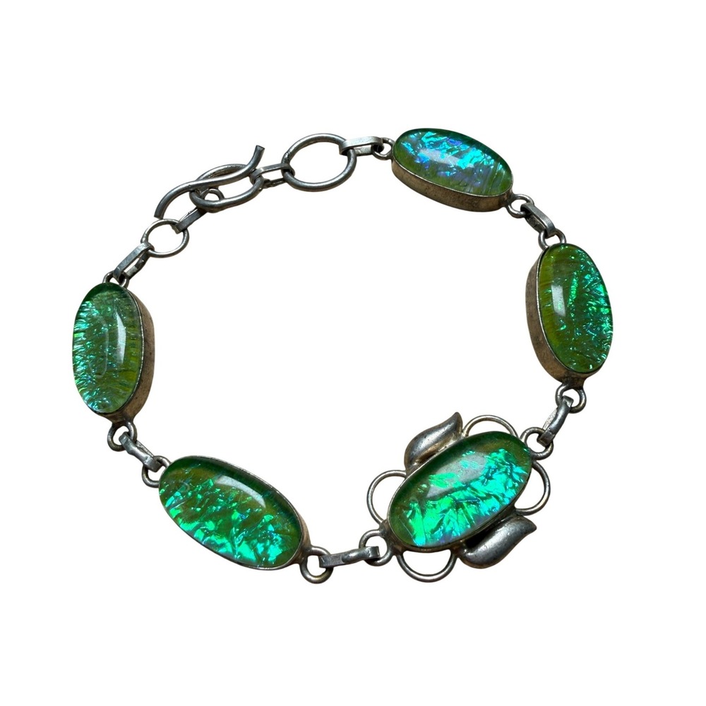 Sterling Silver Green Faux Fire Opal Glass Link Bracelet Vintage Floral Toggle
